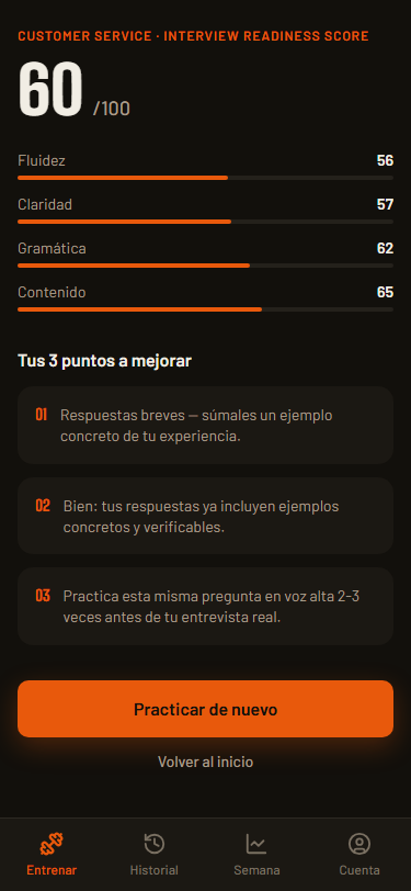 Tu Interview Readiness Score, con tus 3 puntos a mejorar